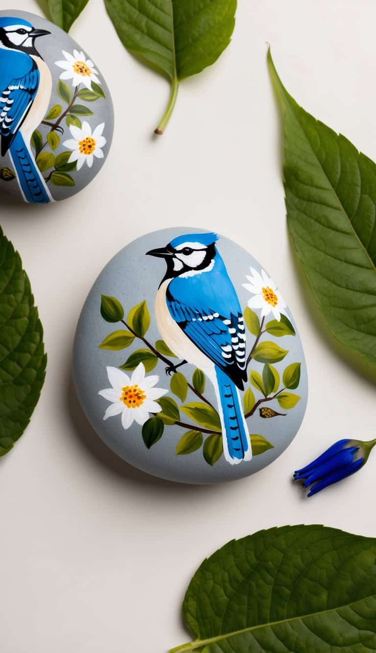 A blue jay perched on a smooth stone, surrounded by leaves and flowers