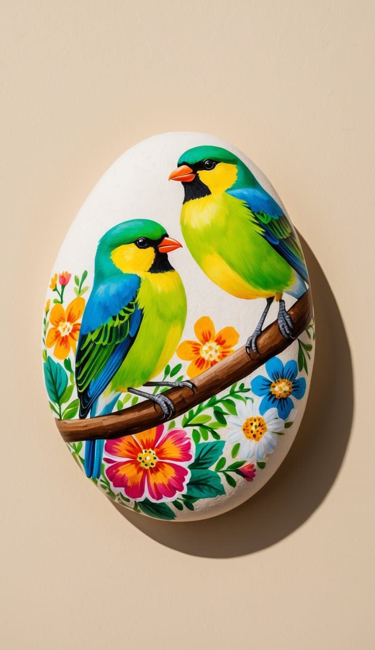 A vibrant green lovebird pair perched on a tree branch, surrounded by colorful flowers and foliage