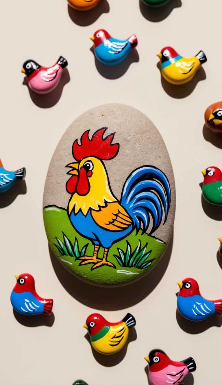 A whimsical rooster perched on a colorful painted rock surrounded by a flock of smaller bird rocks