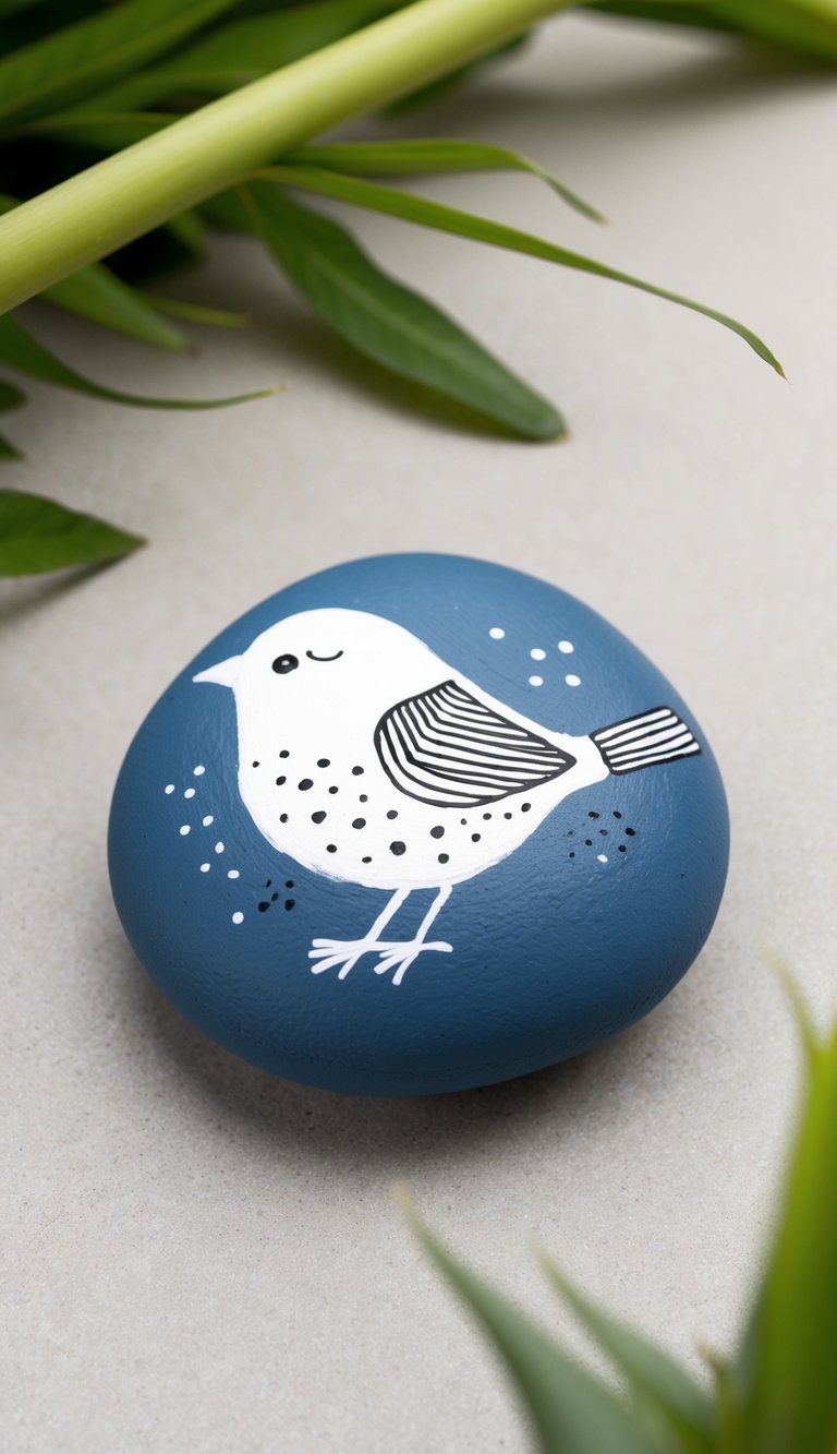 An abstract bird with lines and dots perched on a painted rock, surrounded by nature