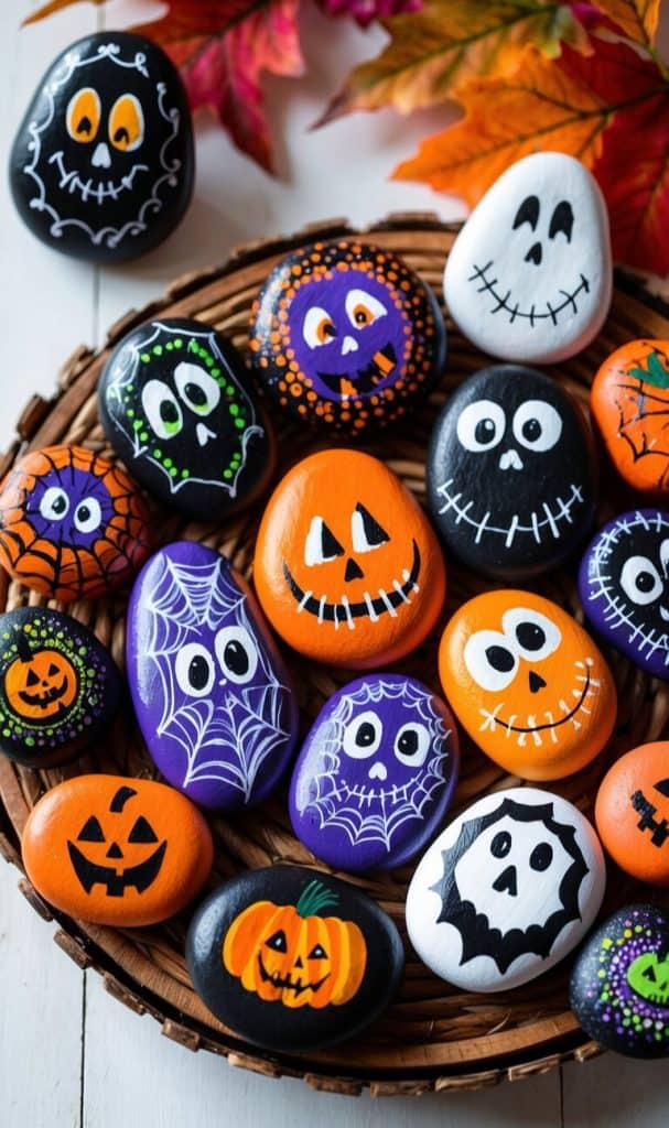 A basket filled with colorful rocks painted with Halloween-themed designs like pumpkins, spiderwebs, skulls, and spooky faces offers creative halloween painted rock ideas, all surrounded by vibrant autumn leaves.