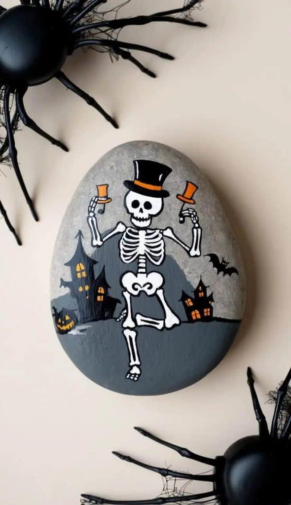 A fun example of halloween painted rock ideas, this painted rock features a dancing skeleton with a top hat and orange cups, surrounded by haunted houses, bats, and black decorative spiders against a gray background.