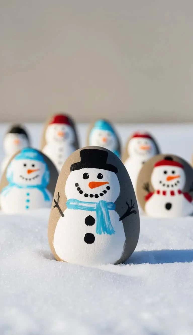 Smooth rocks painted as snowmen with colorful scarves and hats are arranged on snow, offering charming snowman painted rock ideas. The front rock snowman has a blue scarf and black top hat, while others in red and blue hats blur into the background.