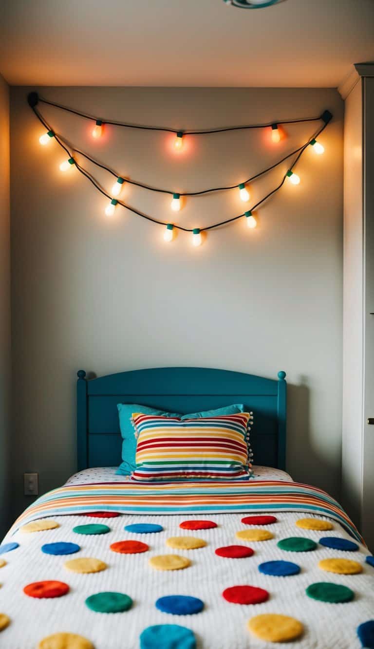 A cozy kids' bedroom with rainbow string lights hanging above the bed, creating a warm and playful atmosphere
