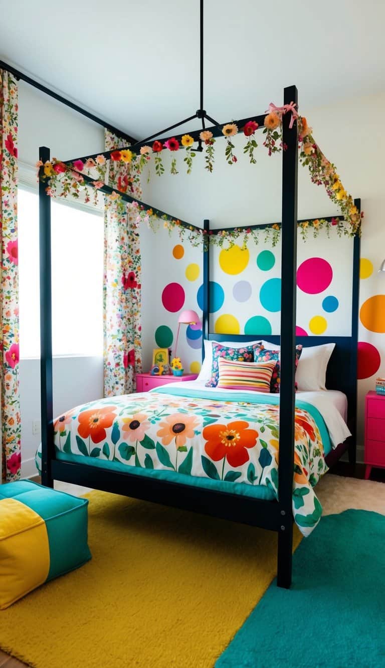 A modern kids' bedroom with a floral canopy bed as the centerpiece, surrounded by colorful decor and playful accents