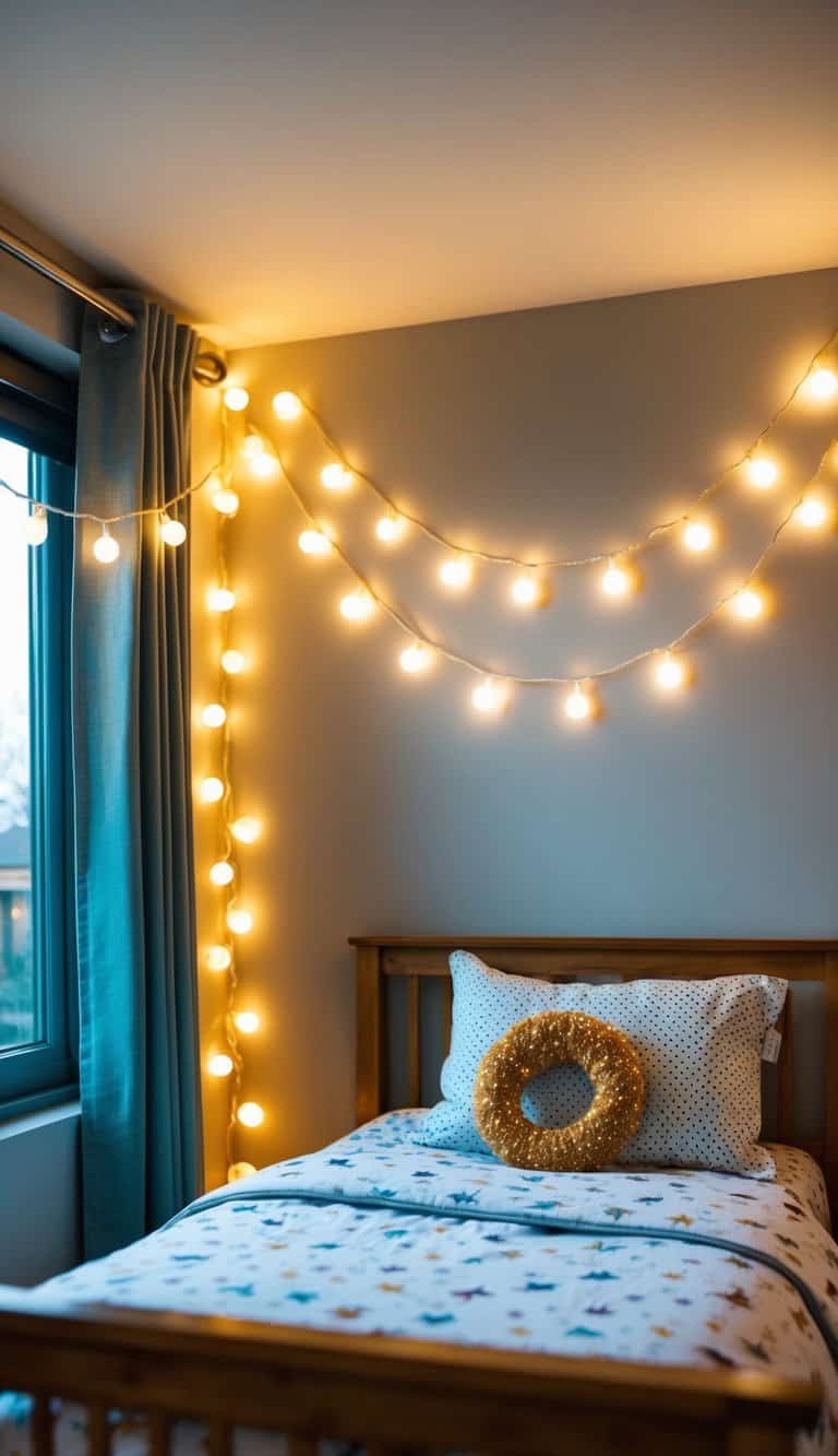 A cozy kids' bedroom with fairy string lights hanging above the bed, creating a warm and magical atmosphere