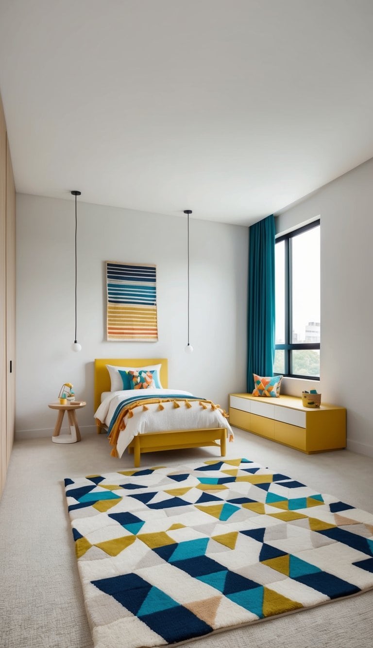 A modern kids' bedroom with geometric rugs, minimalist furniture, and vibrant accents