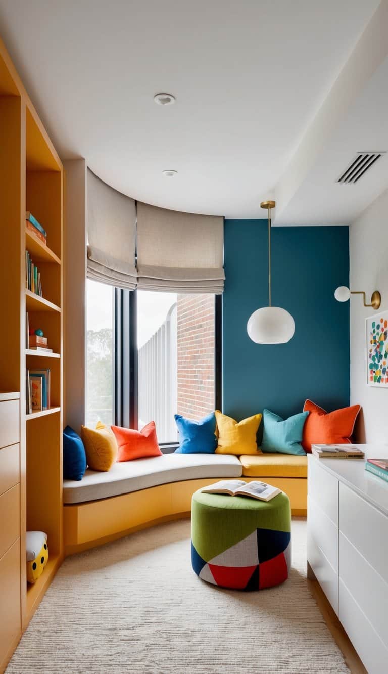 A cozy reading nook in a modern kids' bedroom, featuring a sleek design with colorful accents and comfortable seating