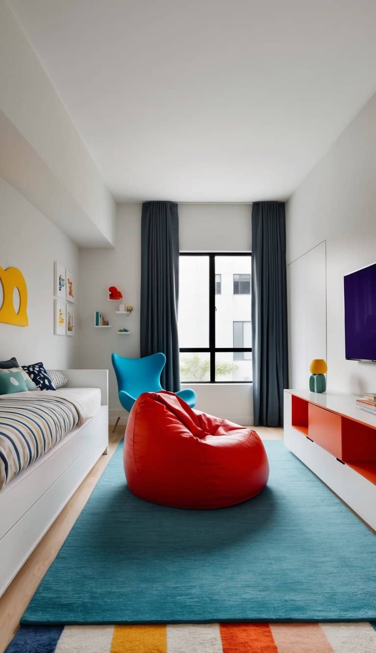 A bean bag chair sits in a modern kids' bedroom, surrounded by sleek decor and vibrant colors