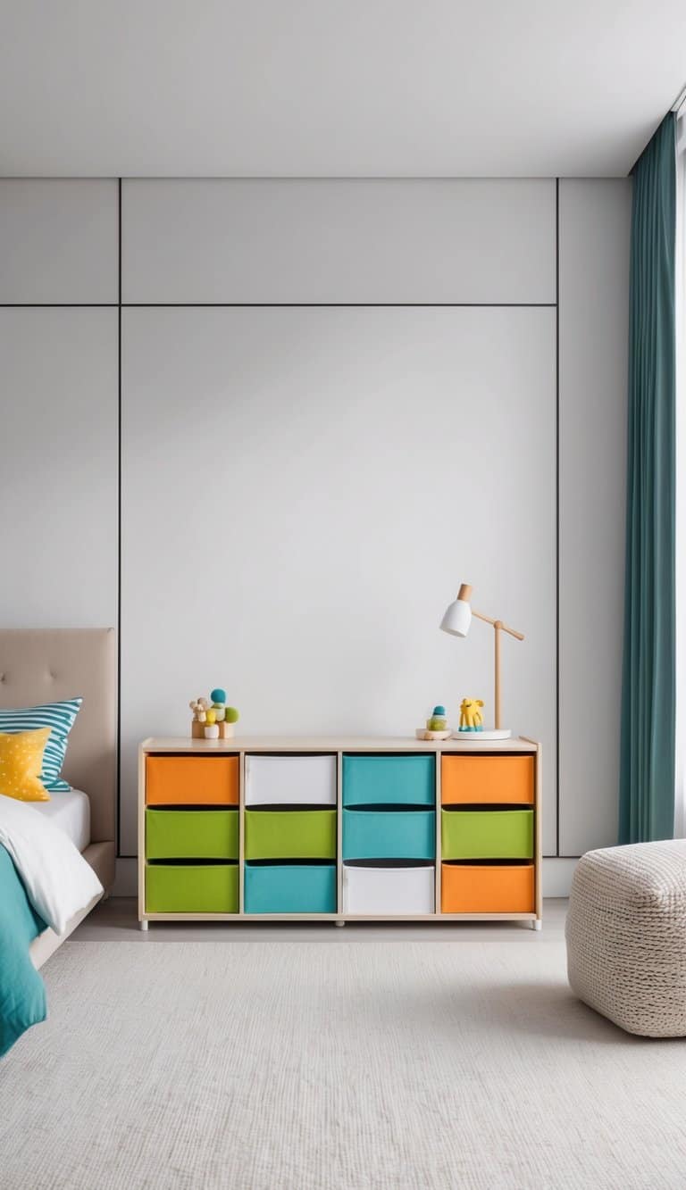 A toy organizer sits against a minimalist backdrop in a modern kids' bedroom, with clean lines and bright pops of color