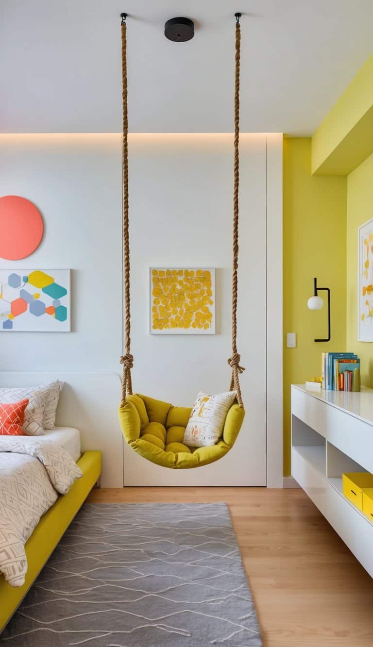 A hanging swing chair in a modern kids' bedroom, surrounded by sleek decor and bright colors