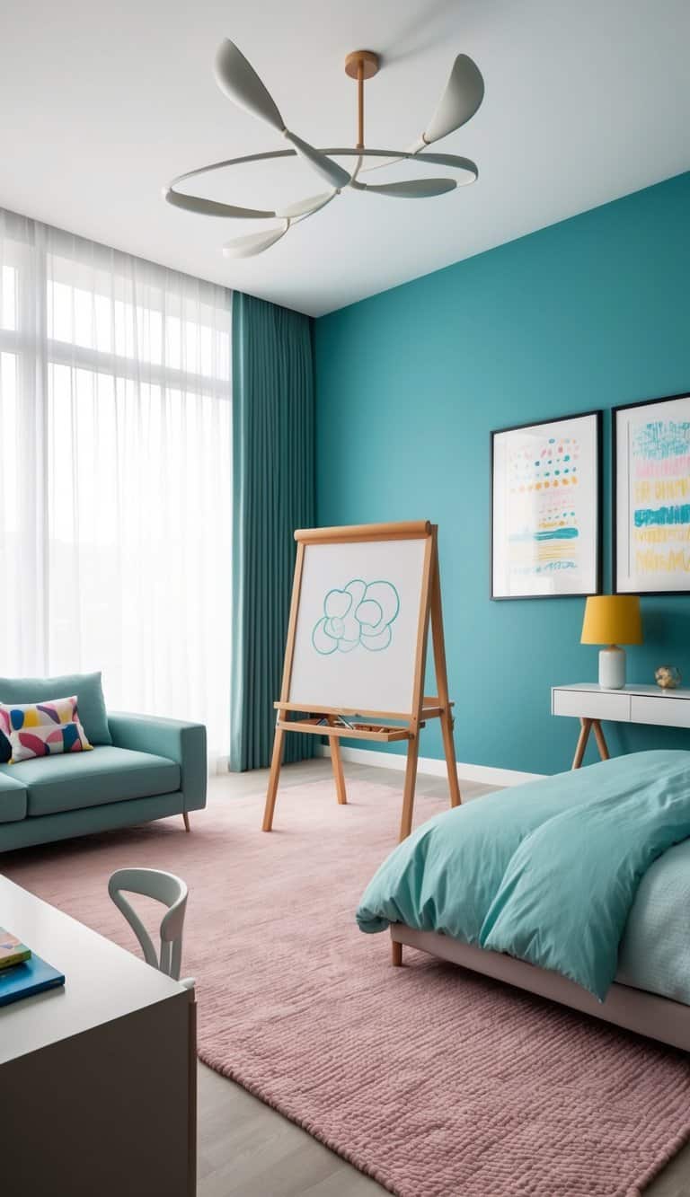 A drawing easel stands in a modern kids' bedroom, surrounded by sleek decor and vibrant colors