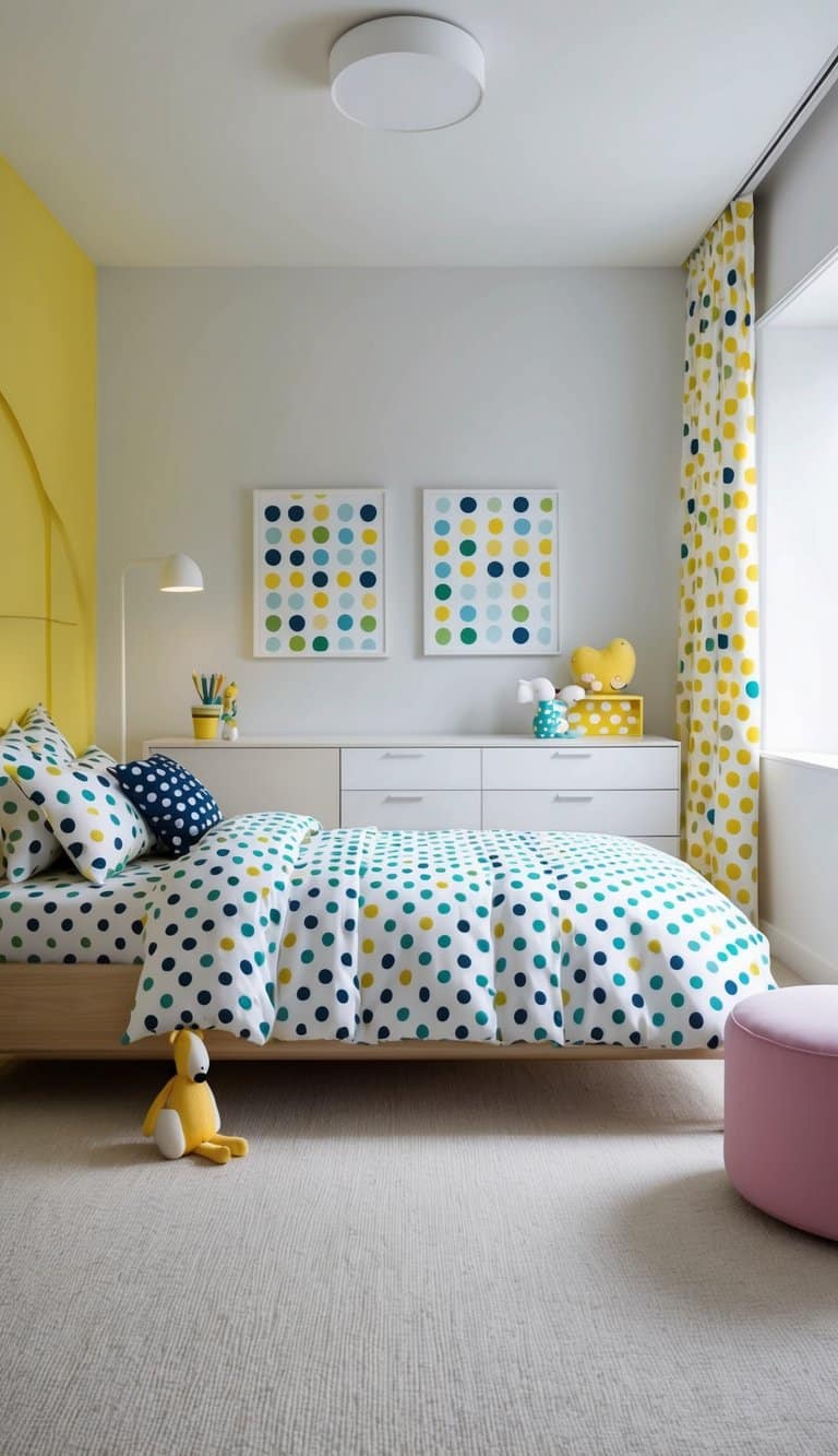 A modern kids' bedroom with polka dot motifs on bedding, curtains, and wall decor. Bright colors and clean lines create a sleek and playful atmosphere