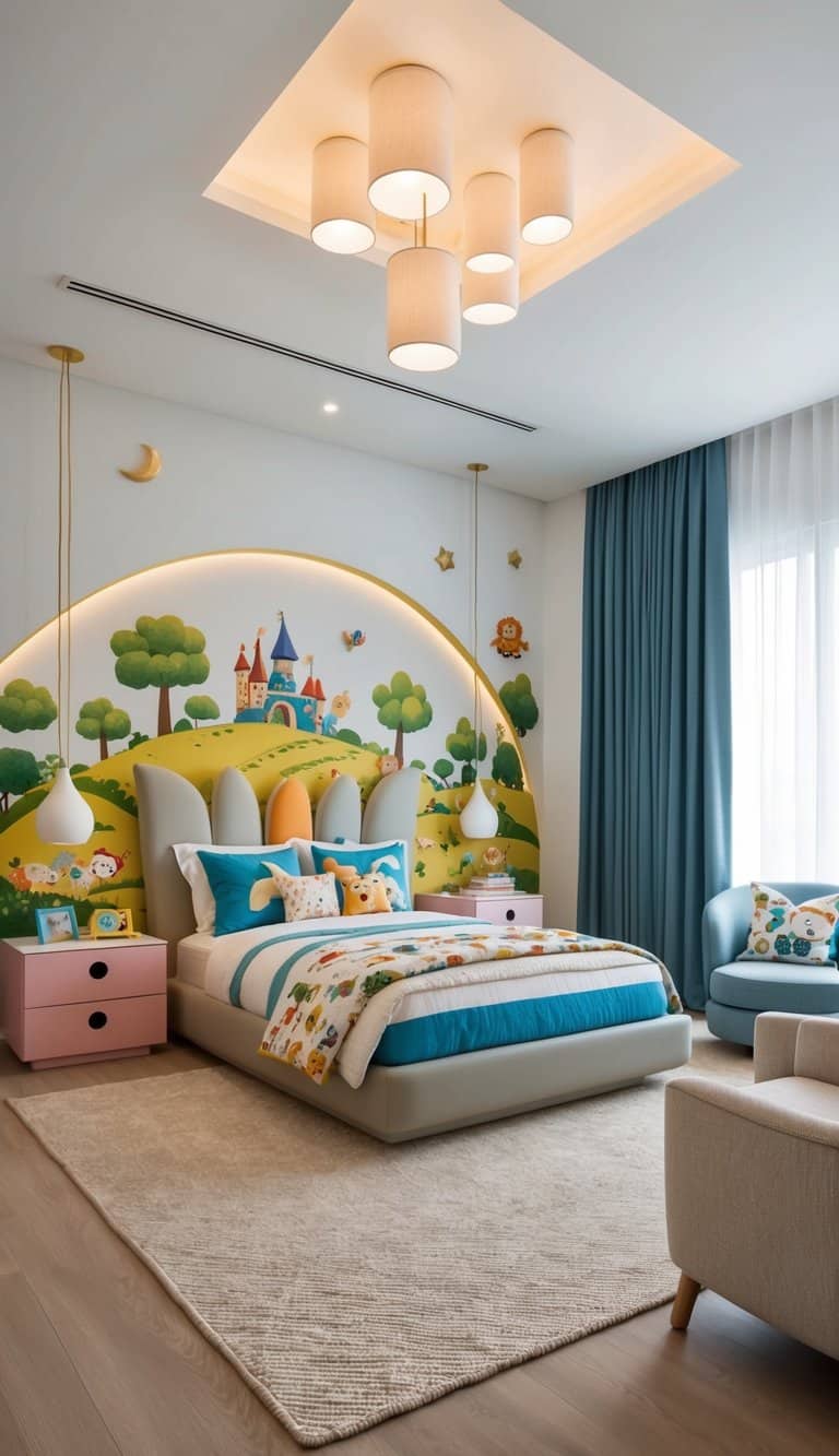 A modern kids' bedroom with a whimsical storybook theme, featuring sleek furniture and playful decor