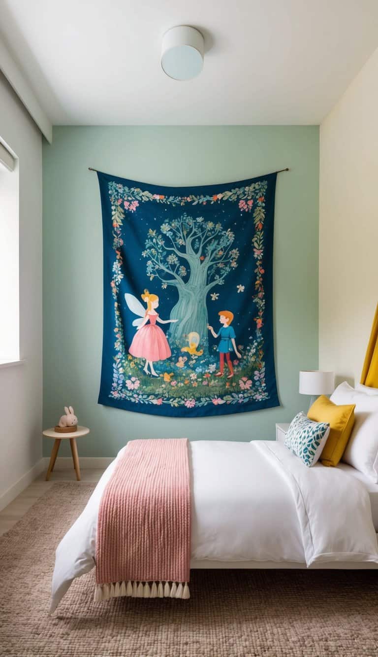 Fairy tale tapestries hang in a modern kids' bedroom with sleek design and vibrant colors