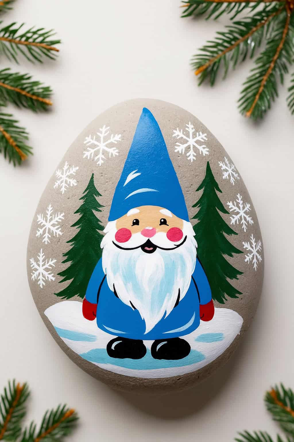 A painted stone features a cheerful gnome in a blue hat and coat, standing on snow with evergreen trees and white snowflakes in the background. Pine branches frame the scene.