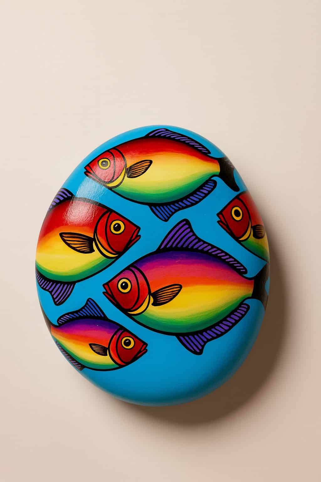 A round stone painted blue with five colorful fish featuring red, yellow, purple, and green patterns, set against a plain beige background.