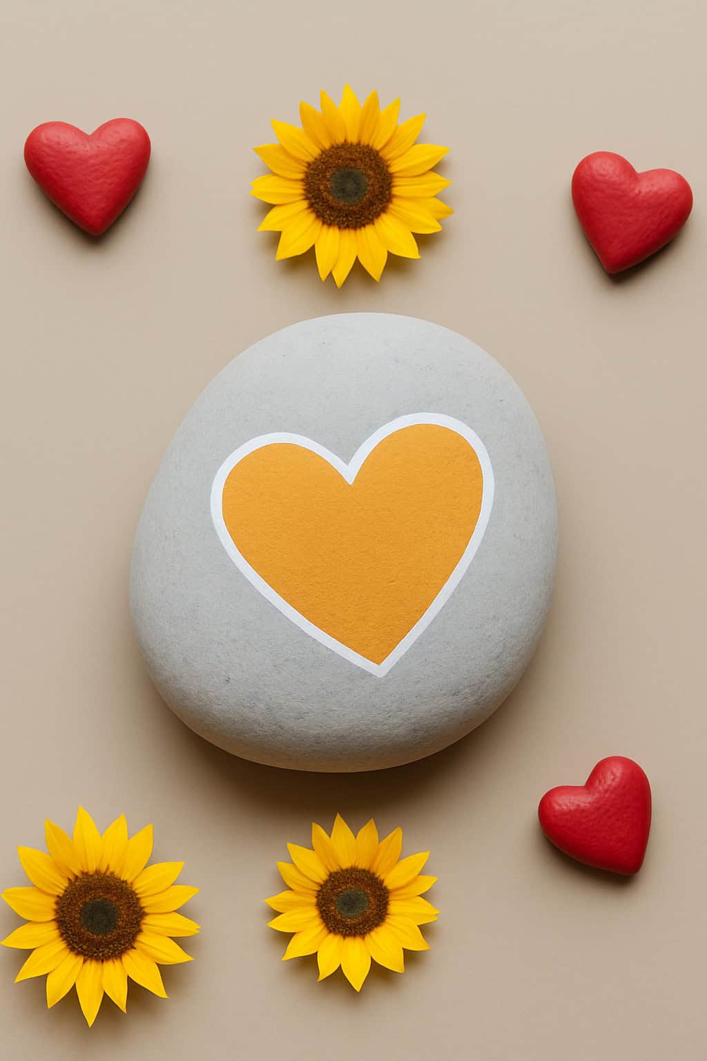 A smooth gray stone with a large yellow heart painted on it, surrounded by three yellow sunflowers and three red heart-shaped objects, arranged on a beige surface.