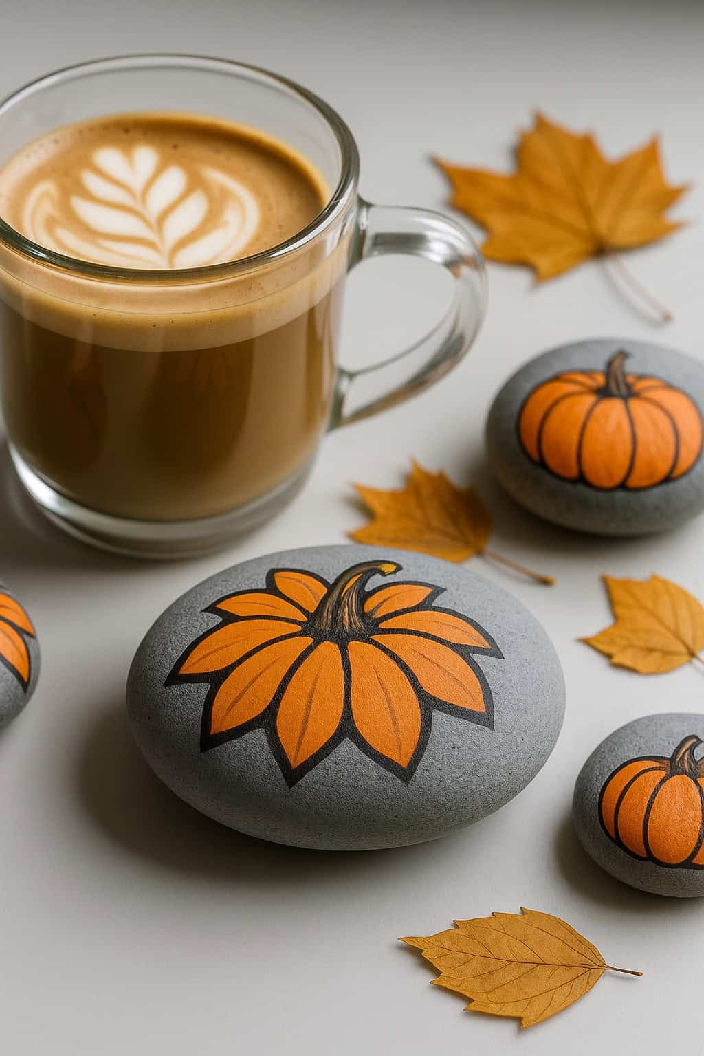 A glass mug of latte with latte art sits beside smooth stones painted with pumpkins and autumn leaves, surrounded by scattered dried maple leaves on a light surface.