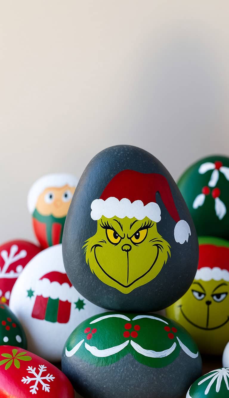 A group of painted rocks featuring festive holiday designs, with the central rock displaying the Grinch’s face wearing a Santa hat. Other rocks show Christmas-themed patterns and characters.