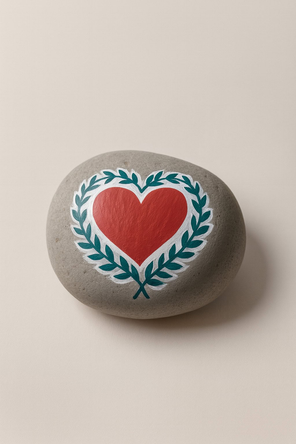 A smooth gray stone with a red heart and green leafy branches painted on it, outlined in white, resting on a light beige surface.