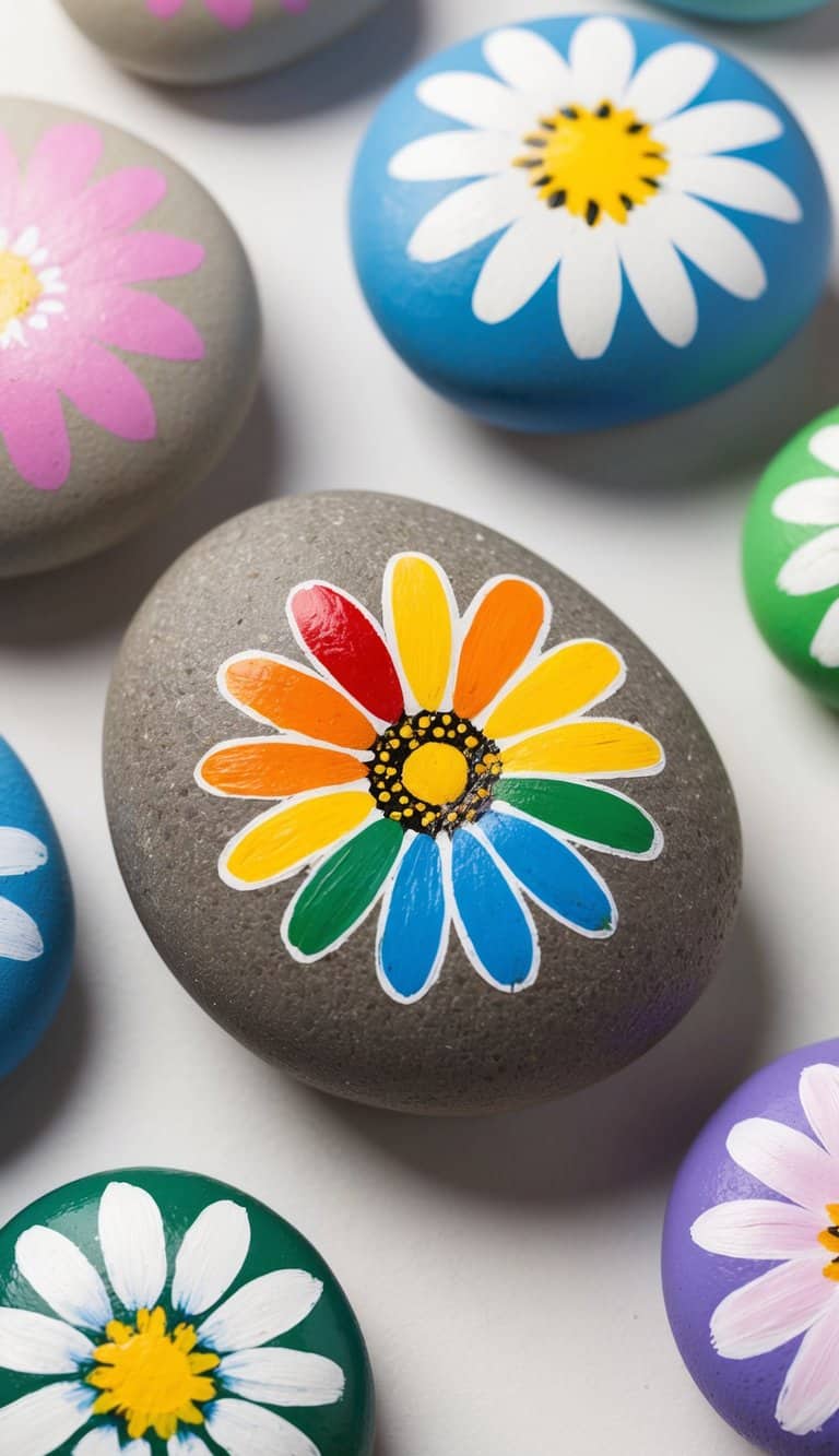 Rainbow-petal flower painted on a gray rock surrounded by pastel-colored daisy stone designs.