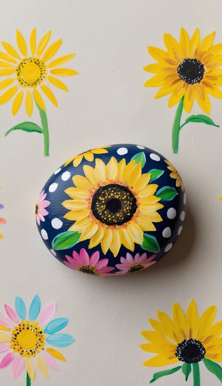 Floral rock art with a bold sunflower design and pastel petals on a navy blue base, accented by white polka dots.