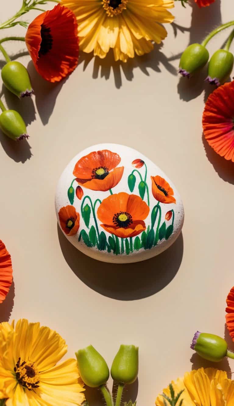 Painted white rock with detailed orange poppy flowers, styled on a neutral background with real garden flowers.