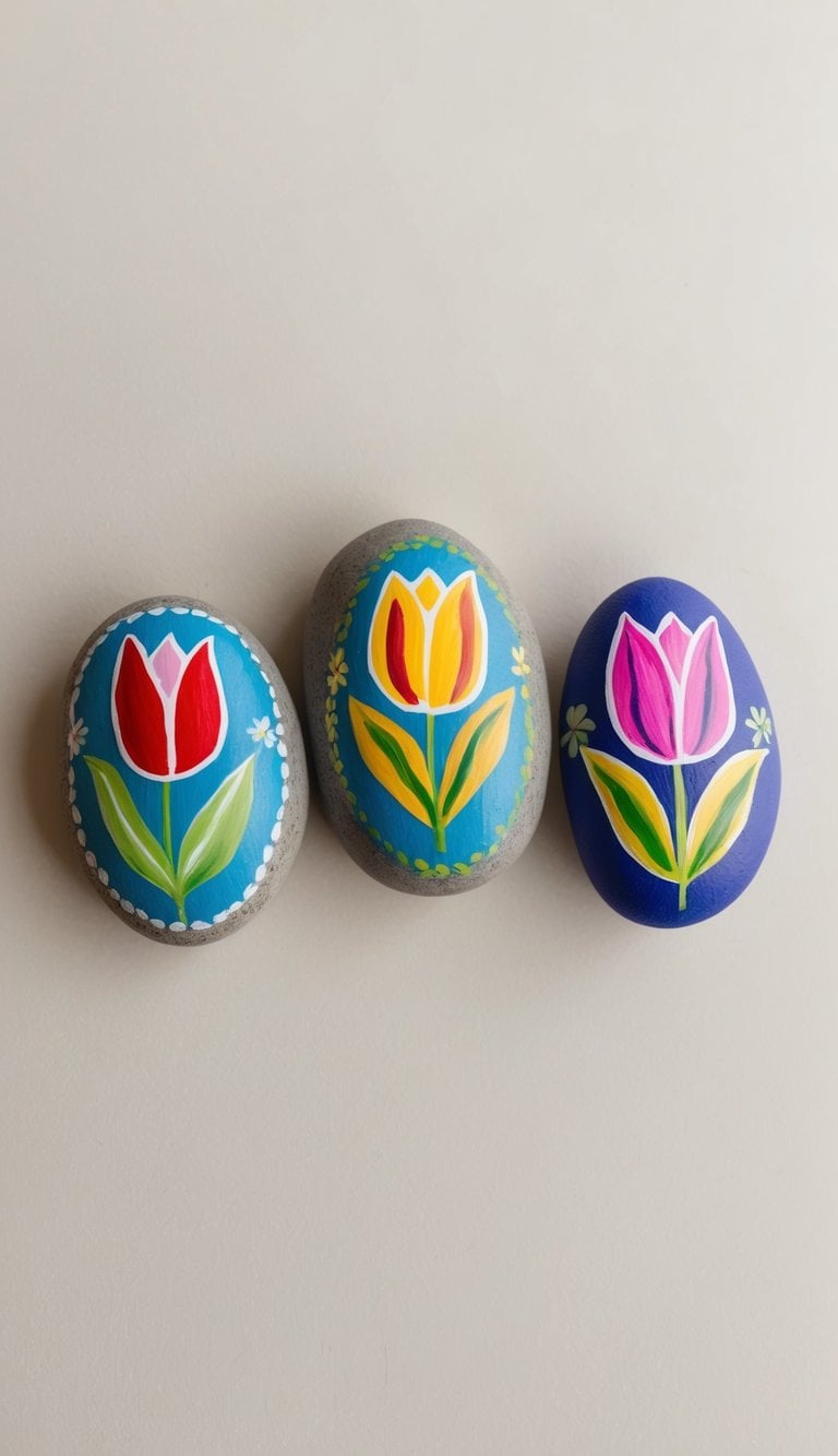 Three painted rocks featuring stylized tulip designs in red, yellow, and pink with decorative blue and purple backgrounds.