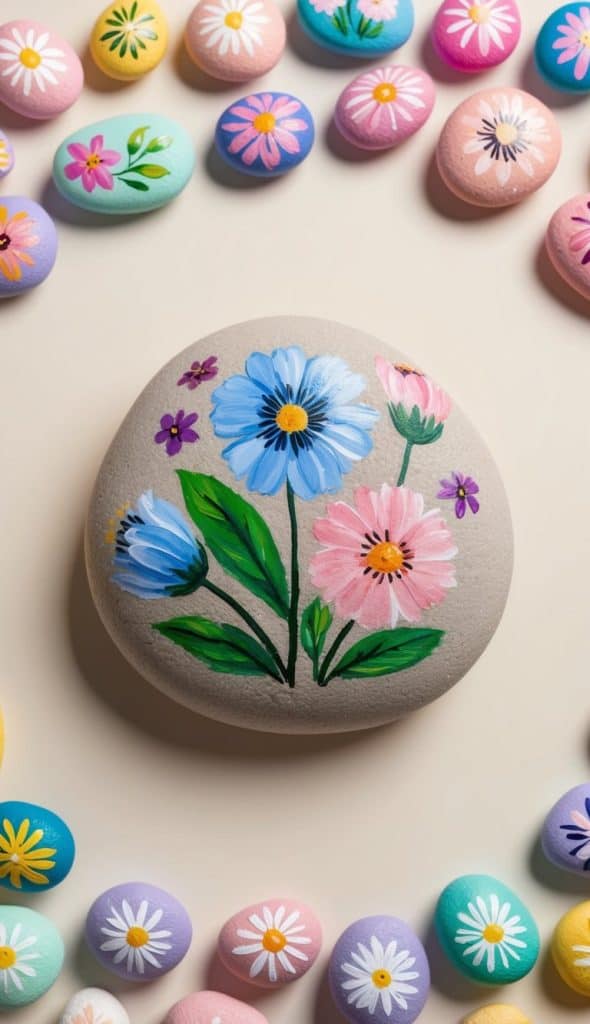 66 Beautiful Flower Painted Rock Ideas for Creative Crafts - Living Tickled