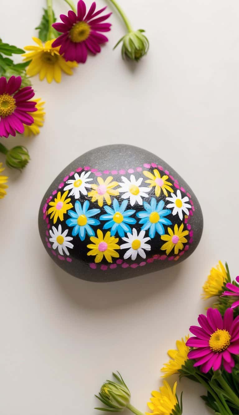 A colorful daisy chain pattern painted on a rock surrounded by vibrant flowers