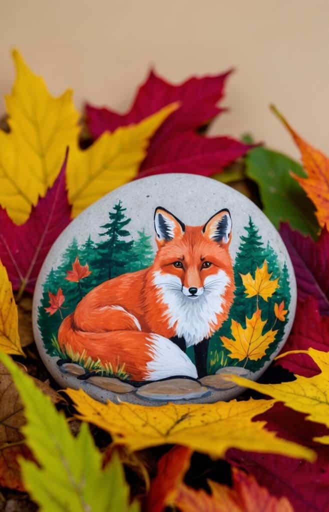A round stone painted with a red fox sitting among green pine trees and autumn leaves, surrounded by real yellow and red leaves on a beige background.