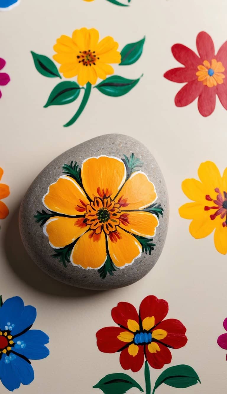 Smooth rock painted with a bold yellow-orange marigold flower on a surface decorated with similar floral designs.