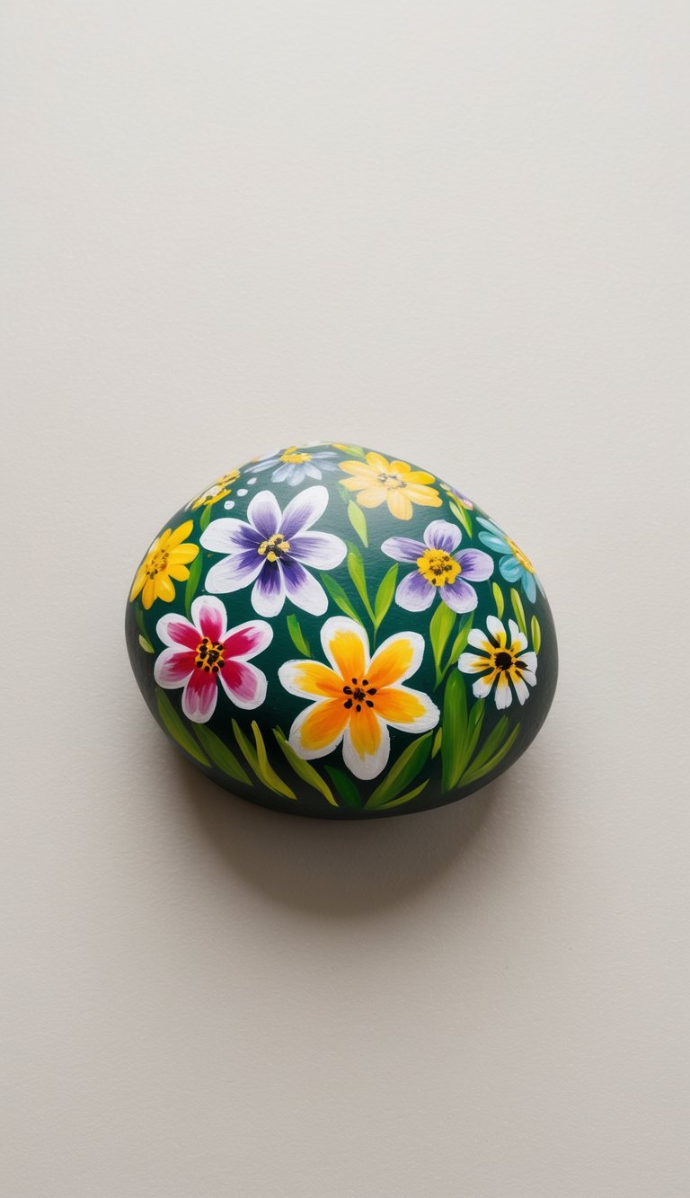 Decorative rock with multicolored painted flowers and lush green grass strokes.