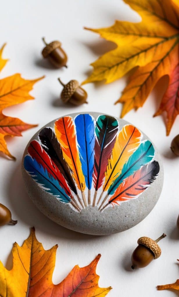 A round stone painted with colorful feathers is surrounded by autumn leaves and acorns on a white background.