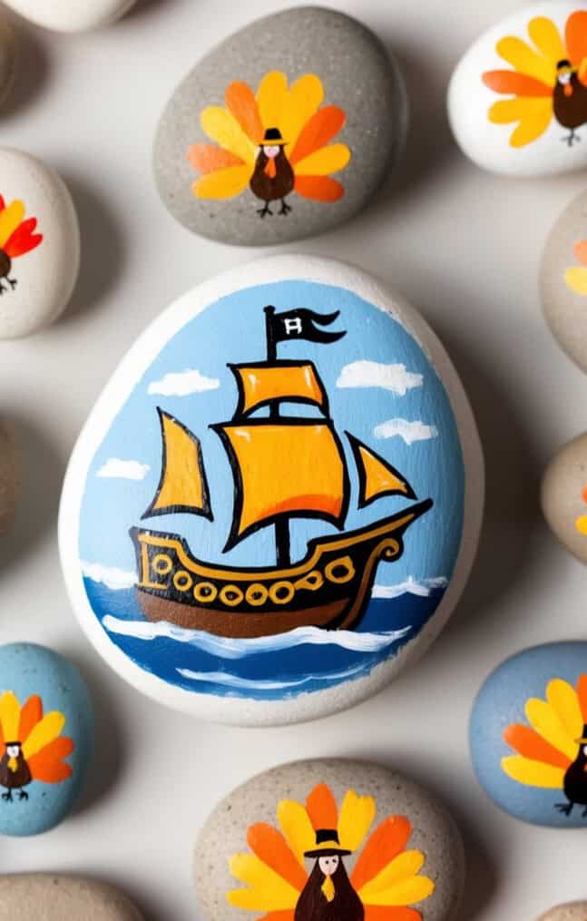 A painted rock with an image of a sailing ship on the ocean is surrounded by rocks decorated with turkeys made from painted handprint-style feathers and brown bodies.