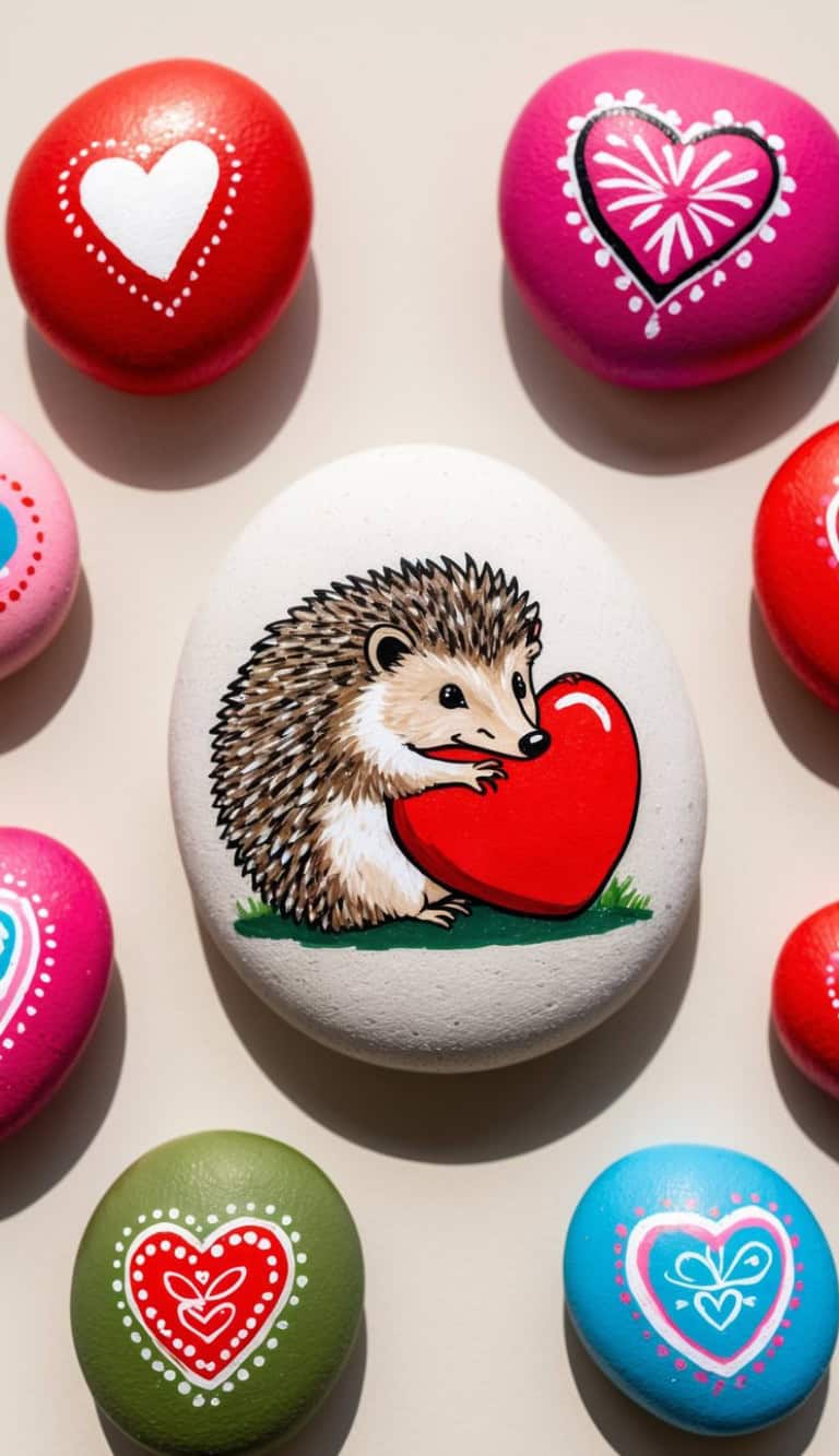 A painted stone featuring a hedgehog holding a red heart is surrounded by colorful stones decorated with heart designs on a light background.