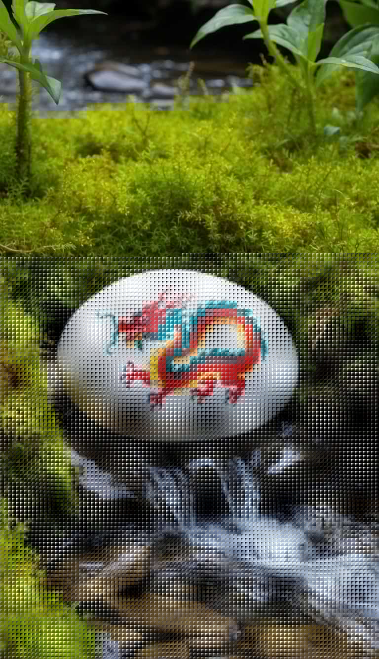 Painted rock with coiled red and yellow dragon lying on wet stones in a green, mossy creek.
