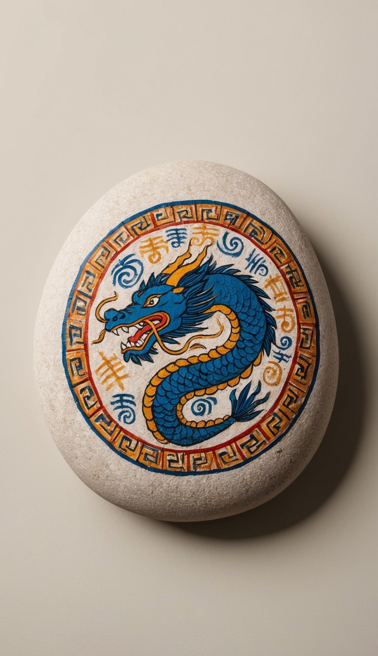 Stone painted with a stylized blue dragon and bordered by traditional motifs in orange, gold, and blue.