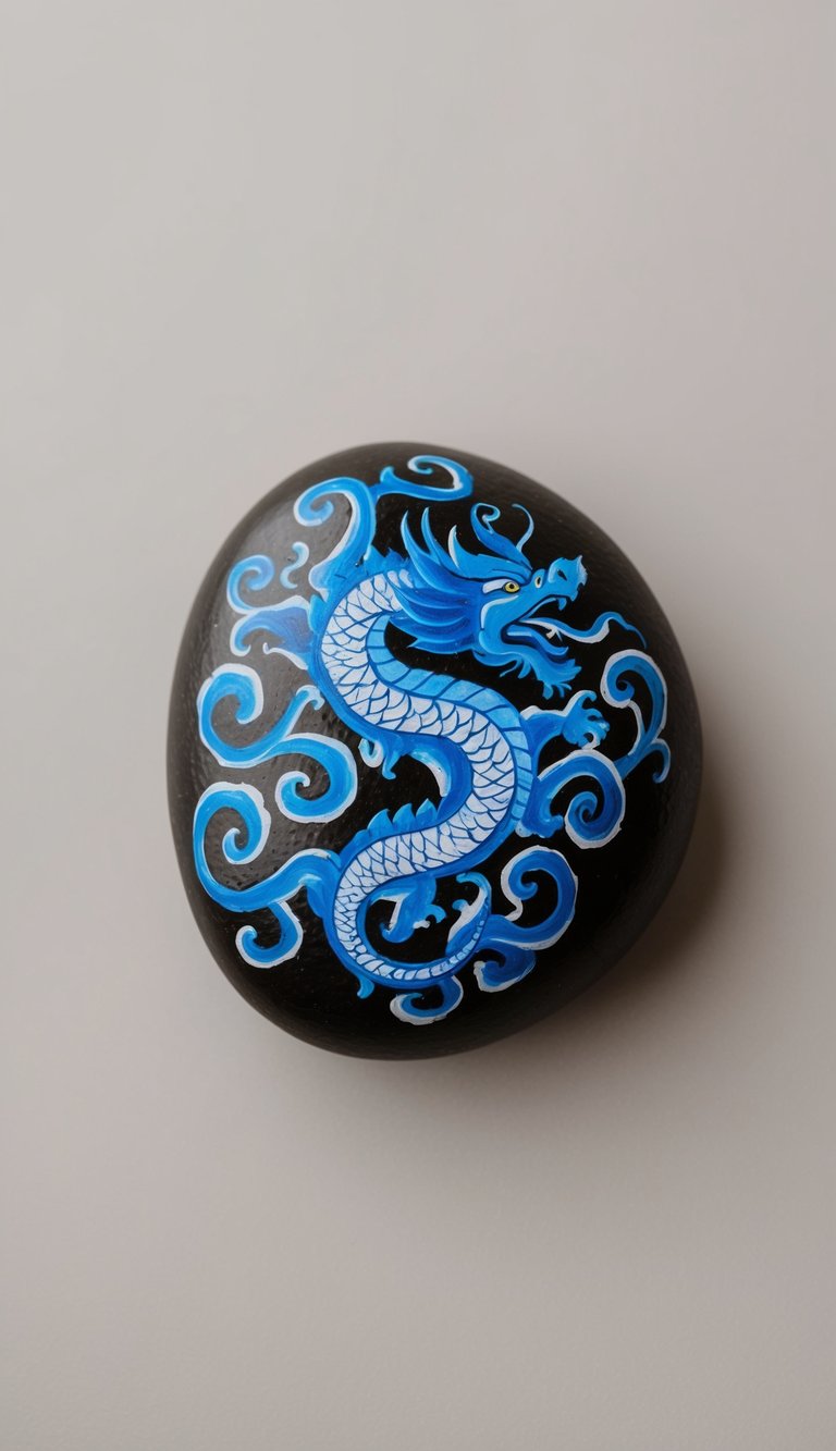 Swirling blue dragon painted on black rock with curling wind motifs.