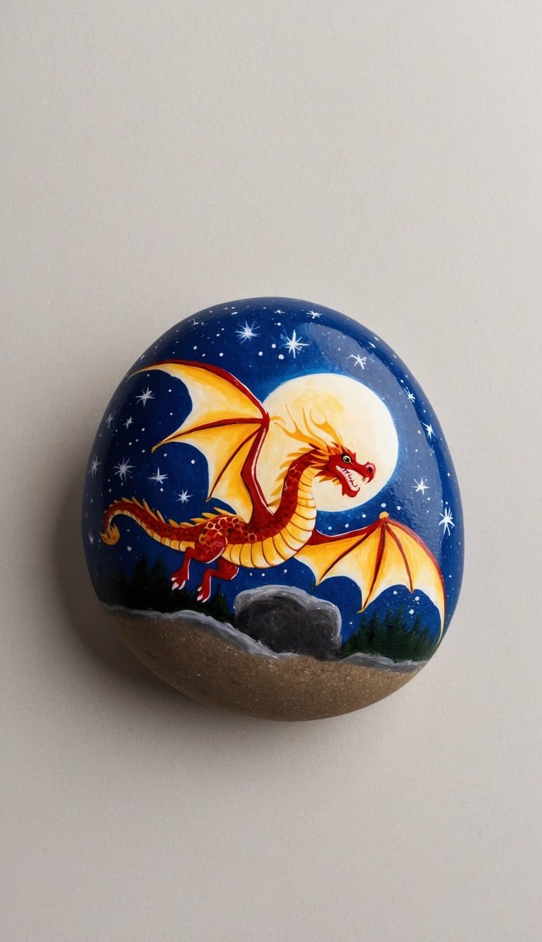 Red and yellow dragon flying in front of a full moon on a painted night sky rock.