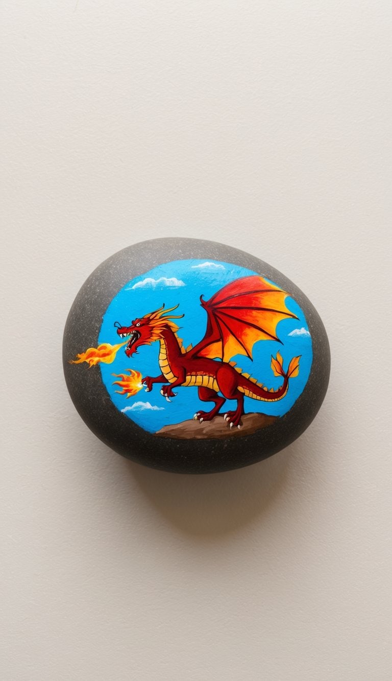 Dragon with fiery wings and breath painted on a rock with a bright daytime sky backdrop.
