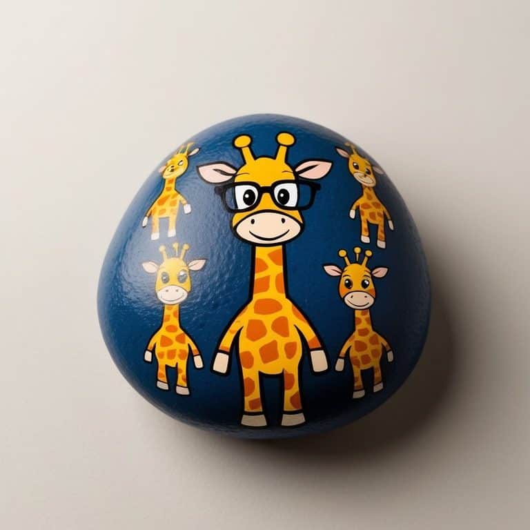 A cartoon giraffe wearing glasses stands tall among 50 painted rock giraffe designs