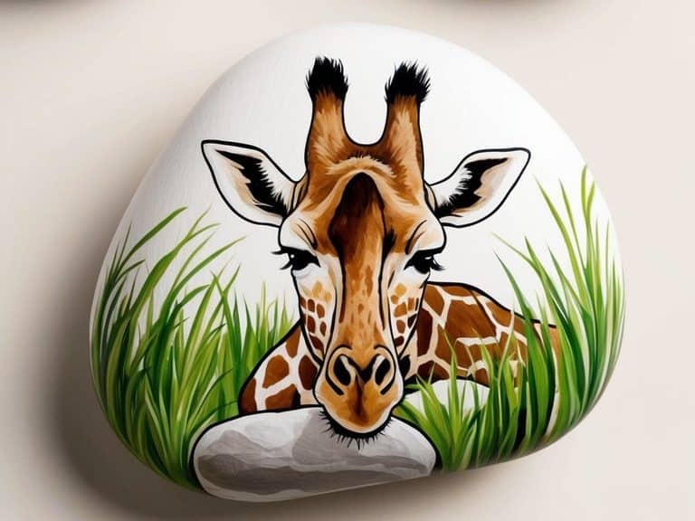 A giraffe peacefully sleeps in tall grass, surrounded by painted rocks