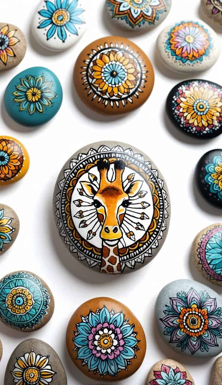 A giraffe mandala surrounded by 50 painted rock ideas