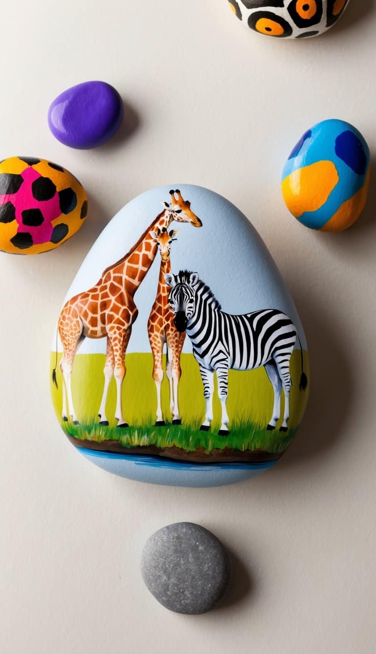 Two giraffes and a zebra stand together on a grassy plain, surrounded by vibrant painted rocks