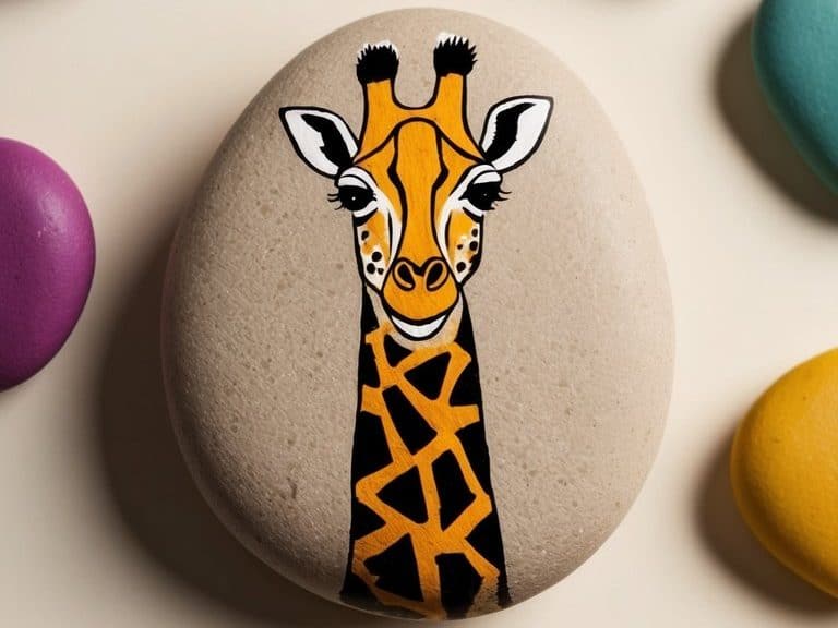 A giraffe with tribal patterns painted on its body, surrounded by colorful rocks