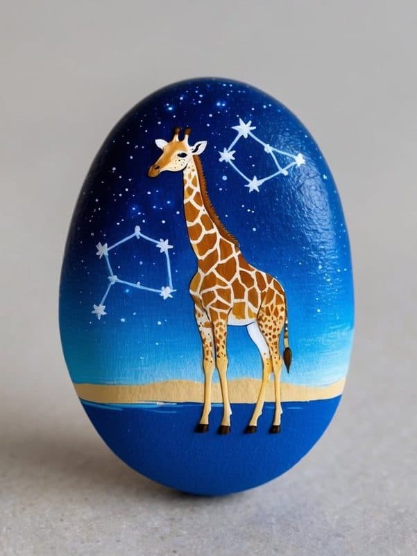 A giraffe with a constellation overlay stands tall against a starry night sky