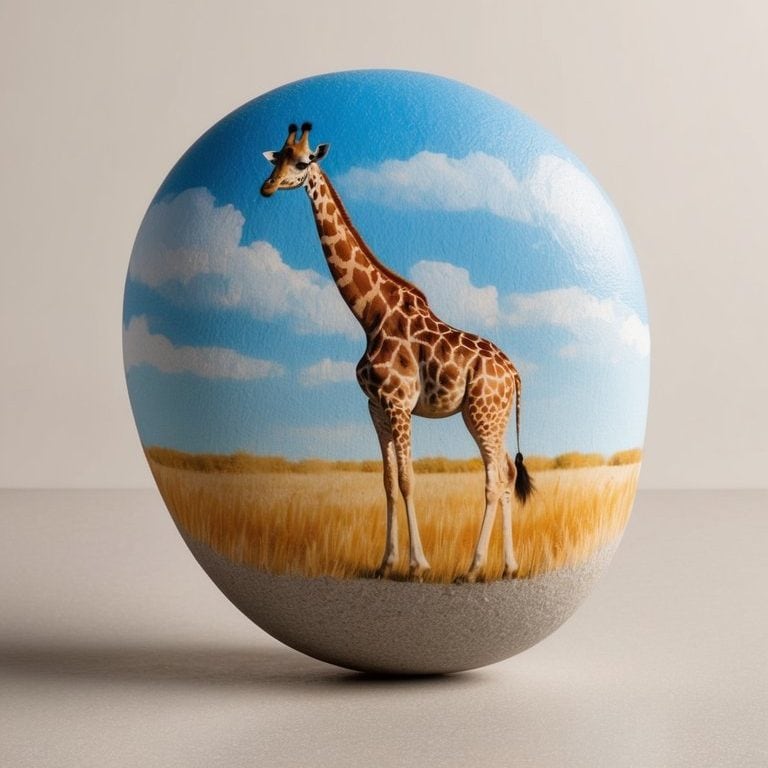 A giraffe stands tall in a dreamy, surreal landscape