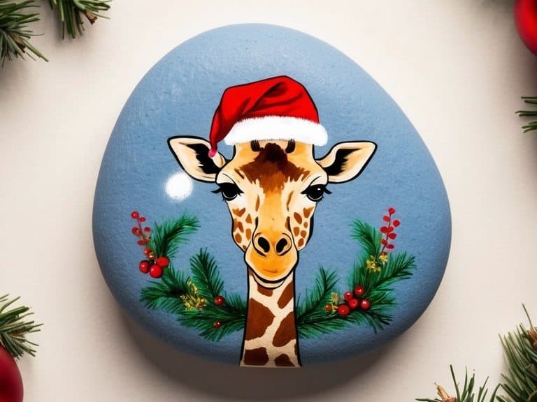 A giraffe wearing a Santa hat surrounded by festive decorations
